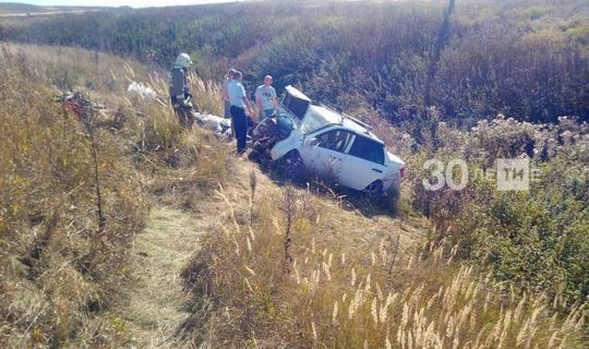 Удмуртиядән килүче җиңел автомобиль Татарстан трассасында юл читенә төшкән